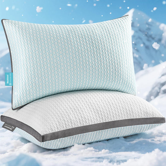 Baskbed Cooling Pillows Queen Size Set of 2, Shredded Memory Foam Pillows 2 Pack, Bed Pillow for Hot Sleepers Adjustable Firm Pillow for Side, Back and Stomach Sleepers, Machine Washable