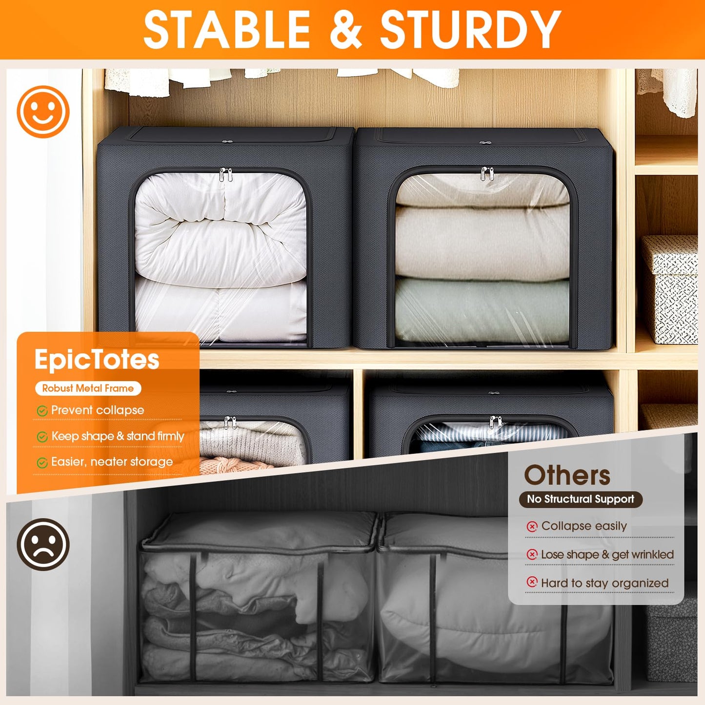 4 Pack Clothes Storage Bins with Metal Frame, 40L Foldable Fabric Storage Boxes with Clear Window, Front & Top Zipper Openings, Stackable Organizer Bins with Handles for Closet & Bedroom (Light Grey)