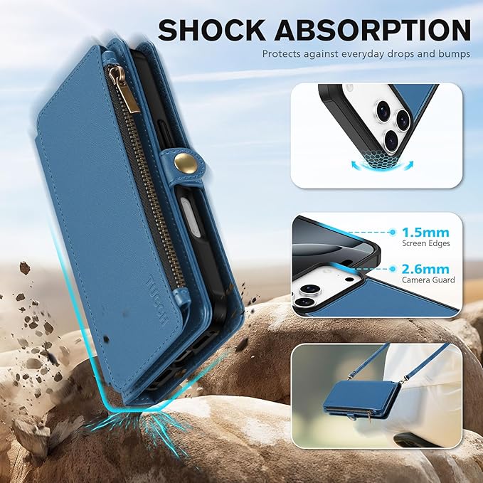 TUCCH Removable Crossbody Case Wallet for iPhone 17 Pro Max 6.9" 2025, Wireless Charging, RFID Blocking 10 Card Slots, Lanyard, Wrist Strap, Zipper Pocket, PU Leather, Stand Magnetic Cover, Light Blue