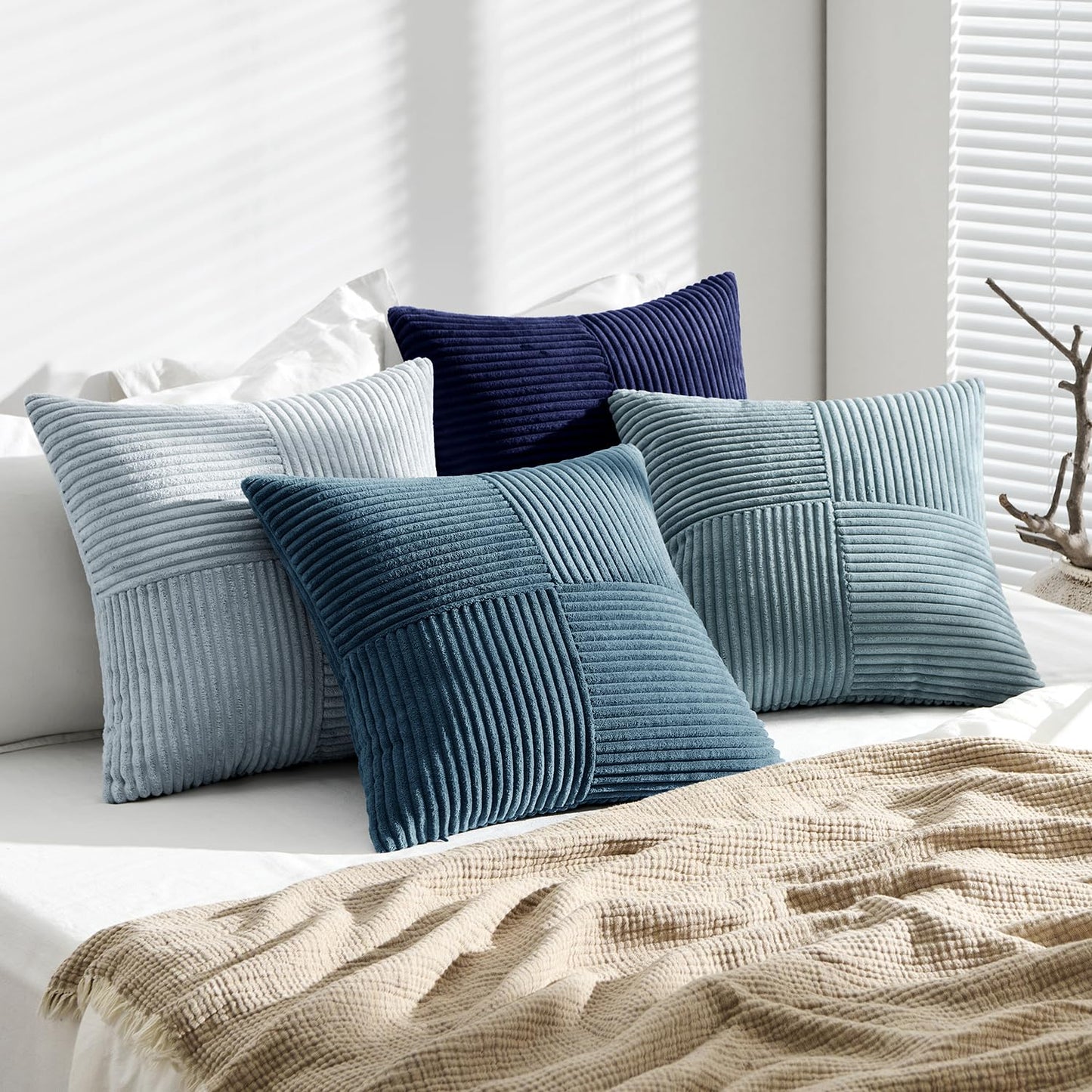 ANRODUO Pack of 4 Decorative Throw Pillows for Couch Neutral Blue 18x18 Inch Boho Cozy Soft Corduroy Cushion Covers Farmhouse Accent Pillowcases for Mid Century Coastal Summer Home Decor Living Room