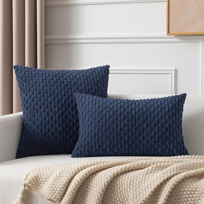 Kevin Textile Set of 2 Pillow Covers Solid Supersoft Corduroy Handmade Decorative Velvet Throw Pillow Cushion Cover for Bed 12x20 Inch Navy Blue
