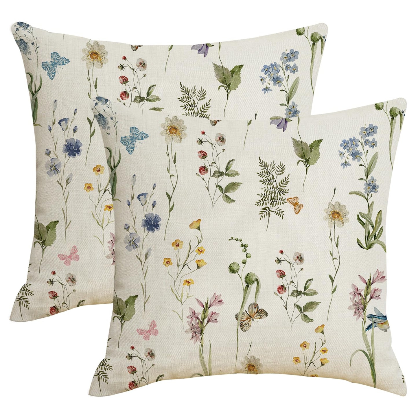 FJWMZ Spring Summer Floral Pillow Covers 18x18 Inch Sage Green Wildflower Leaf Herbs Throw Pillows Cover Set of 2 Outdoor Farmhouse Plant Linen Decorative Square Pillowcase for Couch Bed Sofa Decor