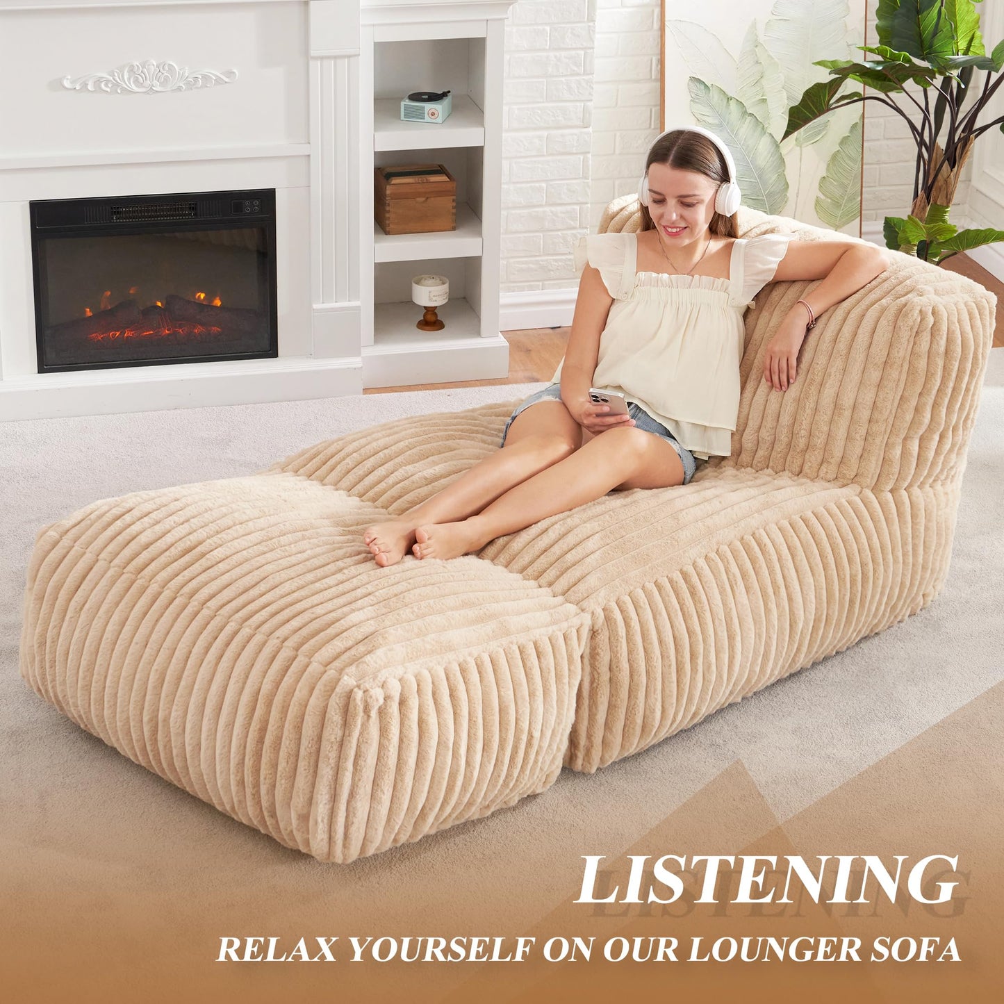 Bean Bag Chairs for Adults Giant Bean Bag Chair Memory Foam BeanBag Chair Bean Bag Sofa with Filler Faux Fur Fireside Beanbags Lazy Sofa for Living Room Bedroom Office (Khaki, Large)