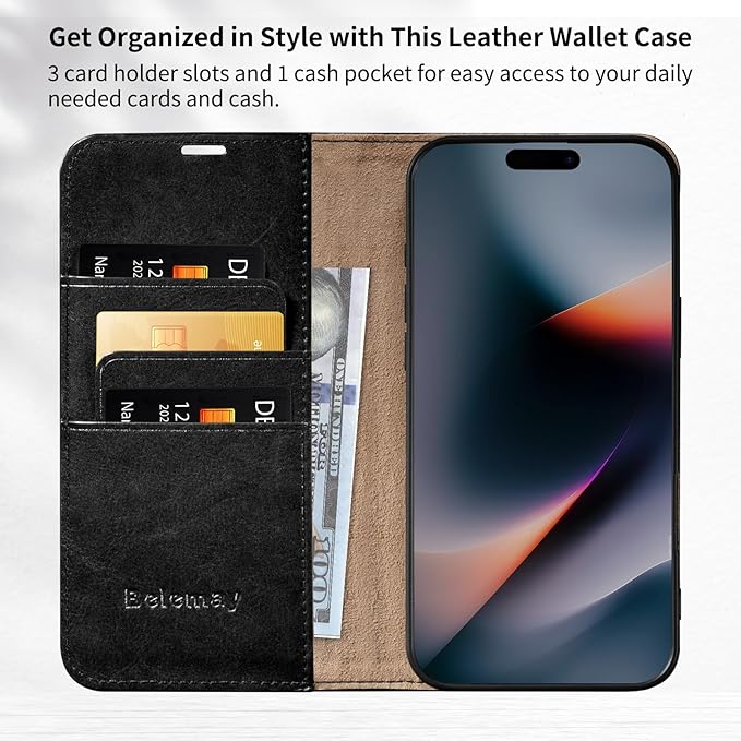 Belemay Genuine Leather Wallet Case for iPhone 17 Air, Premium Cowhide Leather Two-Tone Effect, RFID Blocking Card Holders, Shockproof TPU Shell, Kickstand, Flip Cover for iPhone Air 2025 6.5", Black