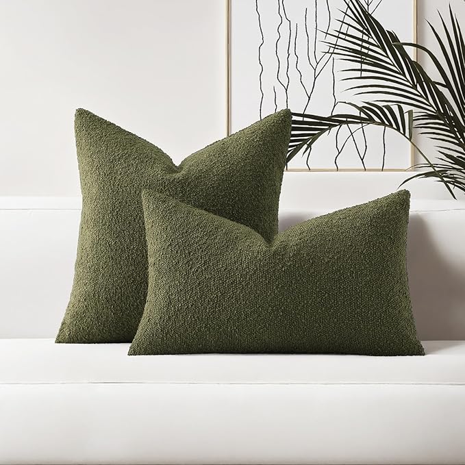 HAUSSY Set of 2 20x20 Decorative Throw Pillow Covers, Soft Cozy Textured Boucle Couch Cases, Home Decor for Couch Bed Living Room, Moss Green