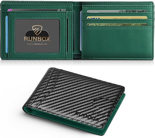 RUNBOX Wallet for Men Slim Leather Bifold RFID Blocking Minimalist Front Pocket Design with Gift Box