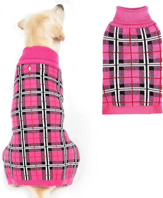 PUPTECK Dog Sweaters for Large Medium Small Dogs - Fall Classic Plaid Style Puppy Holiday Winter Coat Clothes Warm, Fuschia, ML