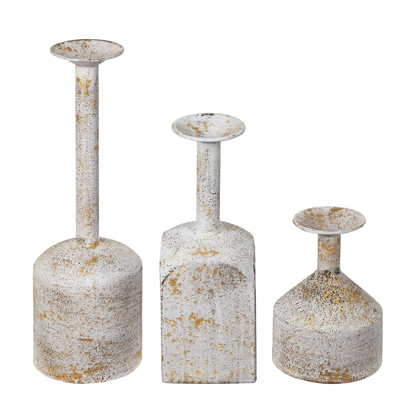 Twakutwaku Farmhouse Metal Candlestick Holders in Shabby White Finish, Tall Taper Candle Holder, Set of 3, Industrial Farmhouse Style, Decor for Table Centerpiece