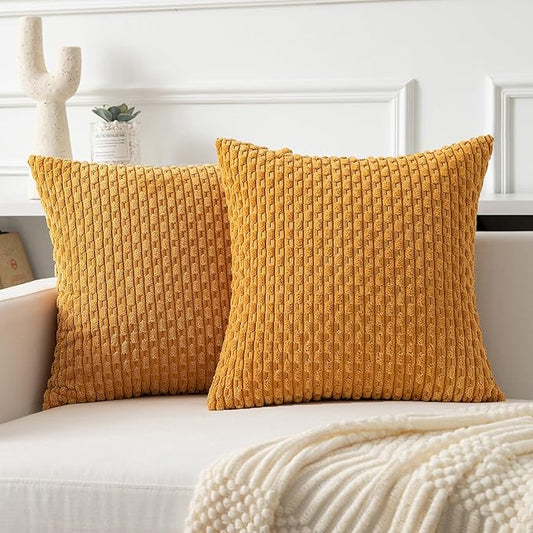 Kevin Textile Throw Pillow Covers Soft Corduroy Decorative Set of 2 Boho Striped Pillow Covers Pillowcases Farmhouse Home Decor for Couch Bed Sofa Living Room 18x18 Inch Golden Yellow