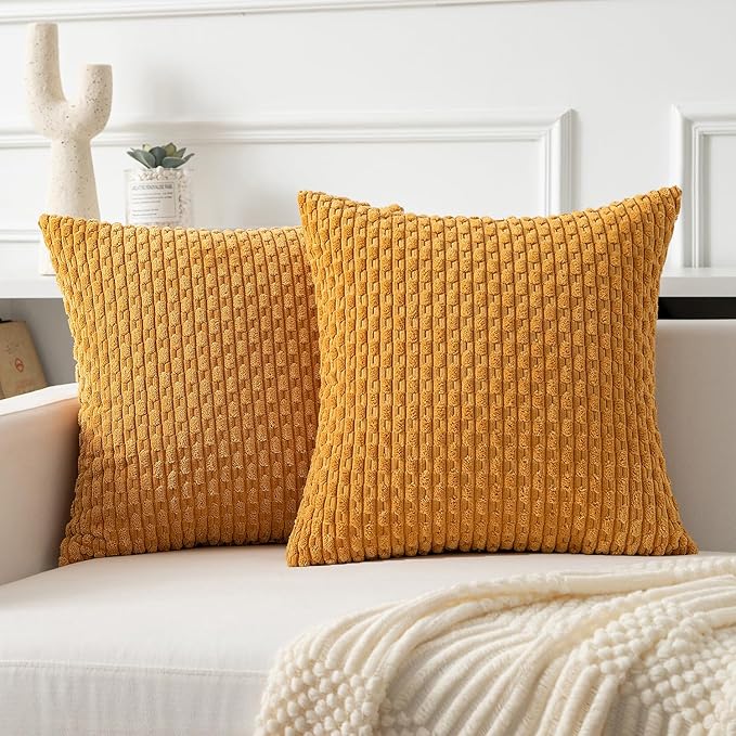 Kevin Textile Throw Pillow Covers Soft Corduroy Decorative Set of 2 Boho Striped Pillow Covers Pillowcases Farmhouse Home Decor for Couch Bed Sofa Living Room 24x24 Inch Golden Yellow