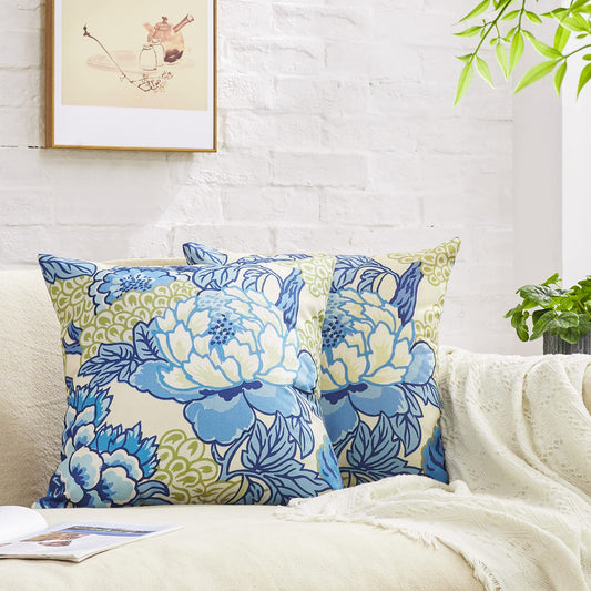 BLESFEST Pack of 2, Chinoiserie Pillow Cover 18 x 18 Inch Peony Floral Pillow Covers Linen Flower Throw Pillow Covers Farmhouse Pillowcase Cushion Covers for Sofa Couch Living Room Blue Beige