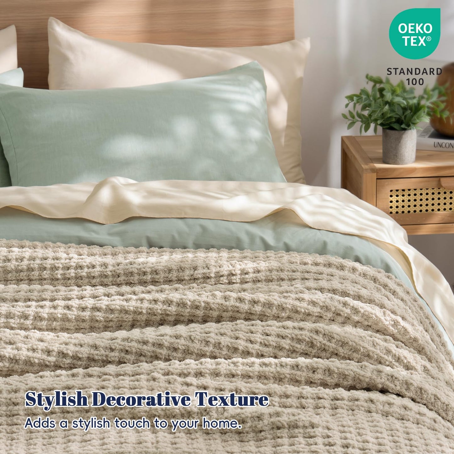 PHF Chenille Waffle Knit Throw Blanket- Plush Warm & Cozy 50" x 60" Ultra Soft Blanket- Chunky Fluffy Waffle Throws for Couch Bed Sofa - Natural