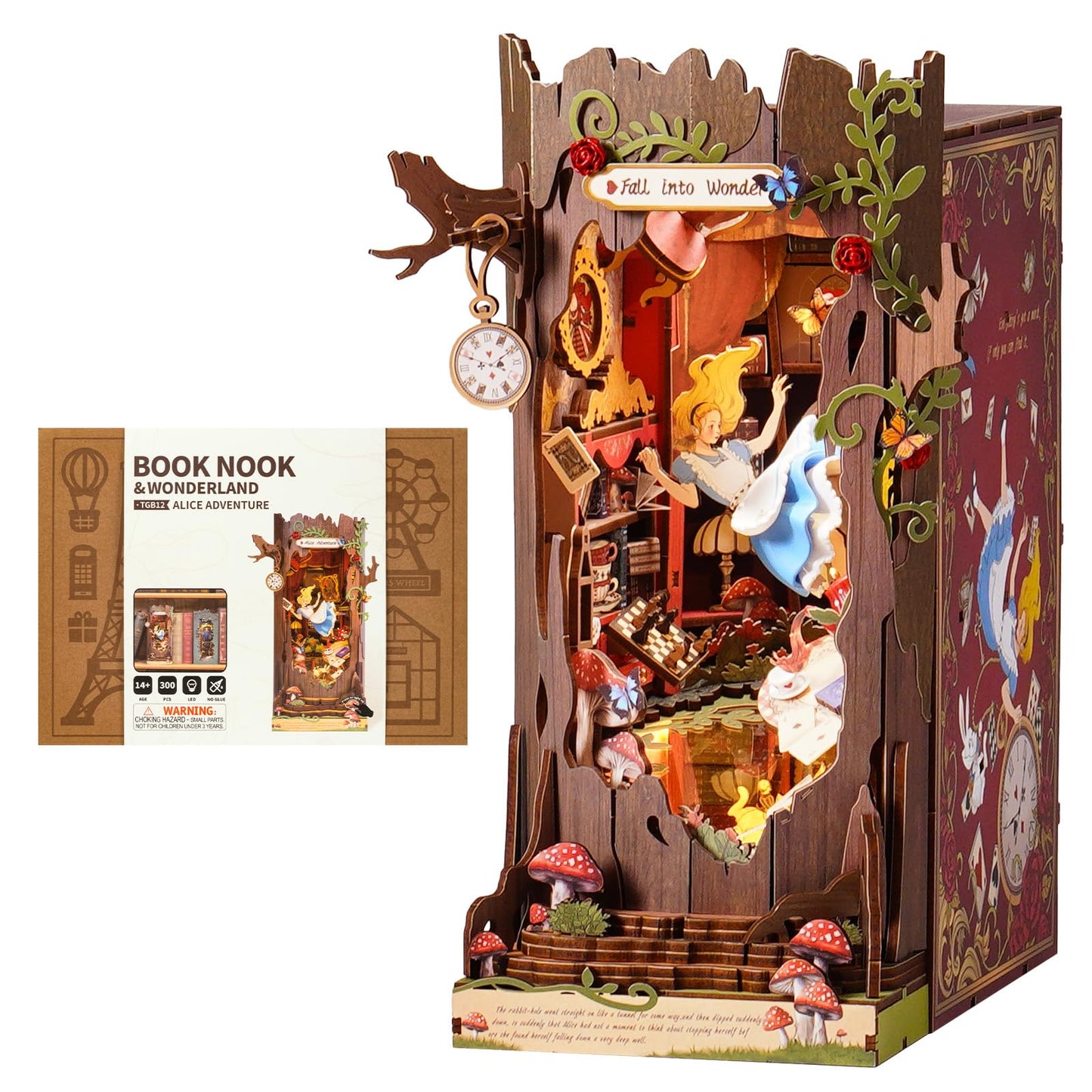 ROBOTIME Book Nook Kit, Fairy Tale Princess DIY Miniature House Kit, Fall into Wonder 3D Wooden Puzzle Bookends, Tiny House Bookshelf Decor Creative Decorative Unique Gifts for Adults & Teens