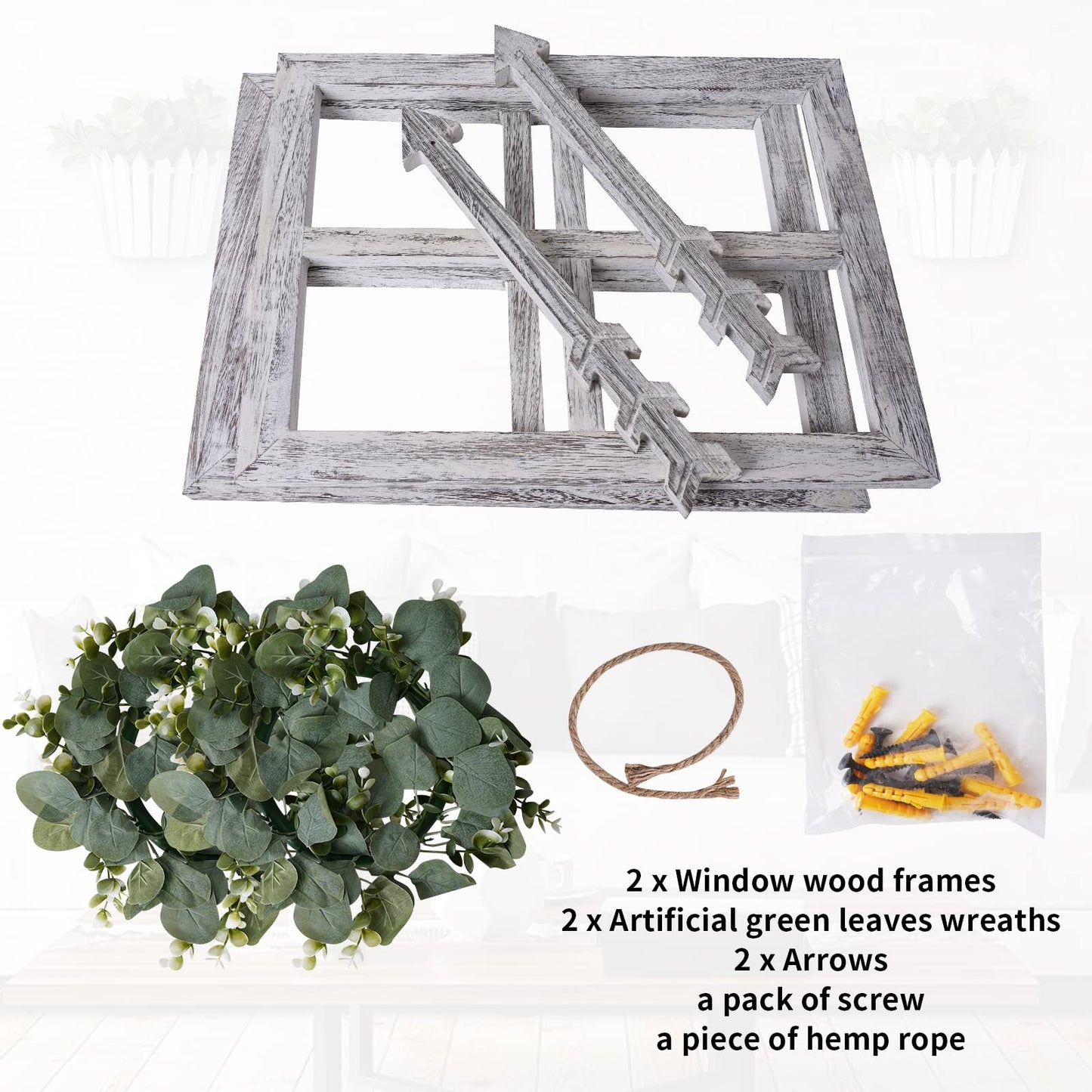 WAKOSAN Rustic Wood Window Frame Wall Decor with Wreath & Arrows, Set of 2