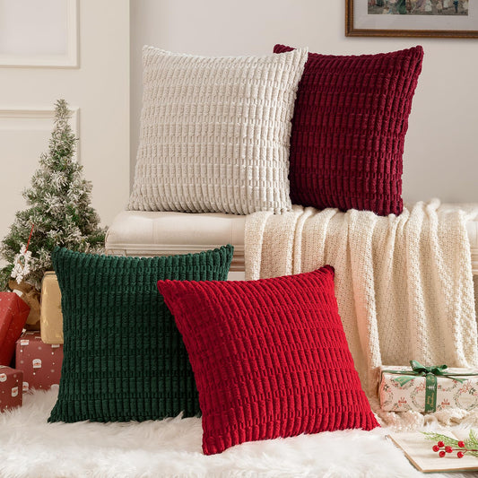 MIULEE Pack of 4 Christmas Boho Farmhouse Red and Green Corduroy Decorative Throw Pillow Covers 18x18 Inch Retro Soft Striped Pillow Covers Home Decor for Sofa Living Room Couch Bed