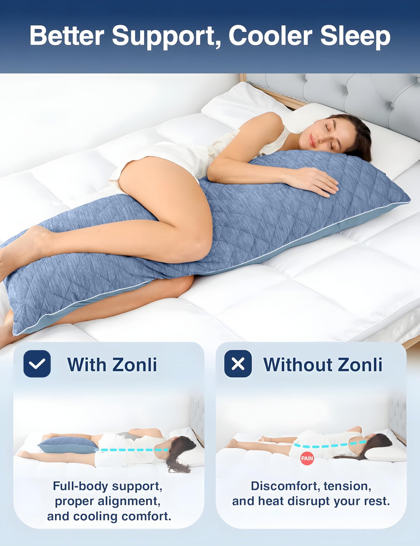 ZonLi Cooling Body Pillow for Adults Side Sleeper & Pregnancy - Memory Foam Insert Long Body Pillow 20 x 54 Inch with Washable Pillowcase, Gift for Men Women Light Blue