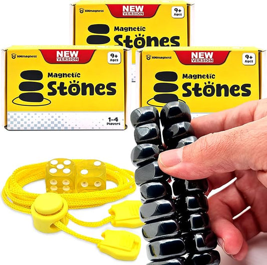 Upgraded (Multi-Level) Magnet Chess Game with String & Stones - Clear & Simple Instructions | Premium Set with 20 Larger & Stronger Stones, Adjustable Rope, 2 Dice & Travel Pouch | 3 Sets