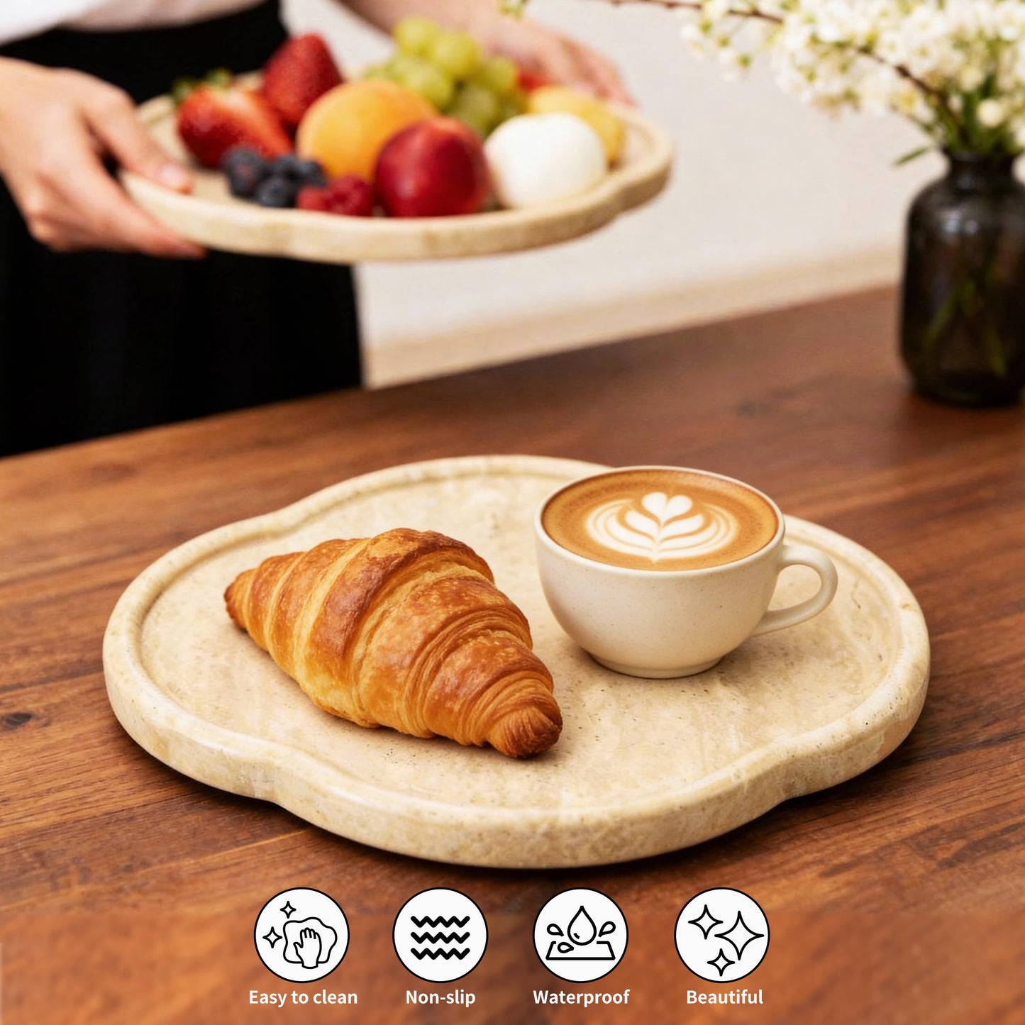 JenYuu Natural Travertine Decorative Marble Tray - Petal Shaped