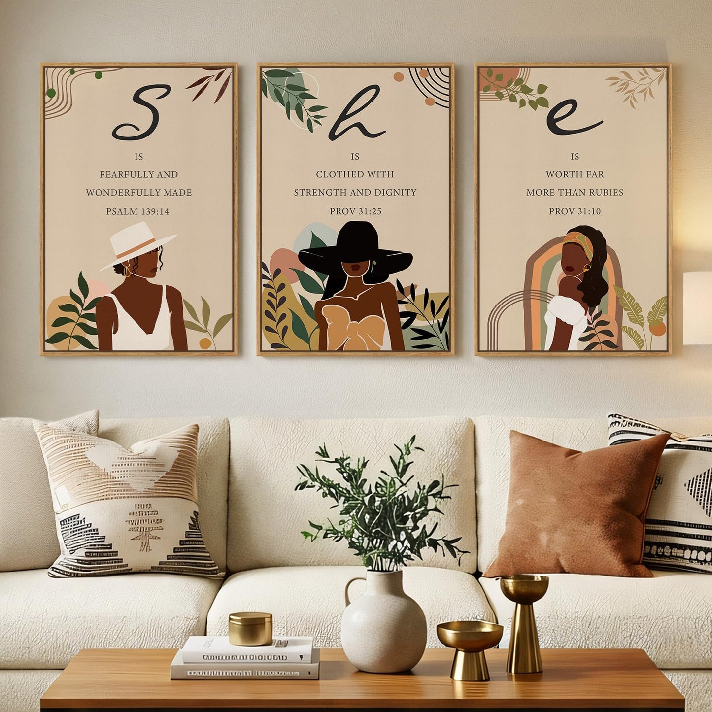 Framed Boho Black Girl Wall Art Set of 3, Large Modern African American Black Art Wall Decor Canvas Prints, Black Woman Portrait Fashion Neutral Artwork for Living Room, Bedroom or Office Wall Decor, 16x24 In
