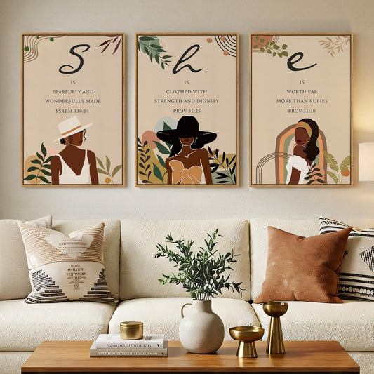 Framed Boho Black Girl Wall Art Set of 3, Large Modern African American Black Art Wall Decor Canvas Prints, Black Woman Portrait Fashion Neutral Artwork for Living Room, Bedroom or Office Wall Decor, 16x24 In