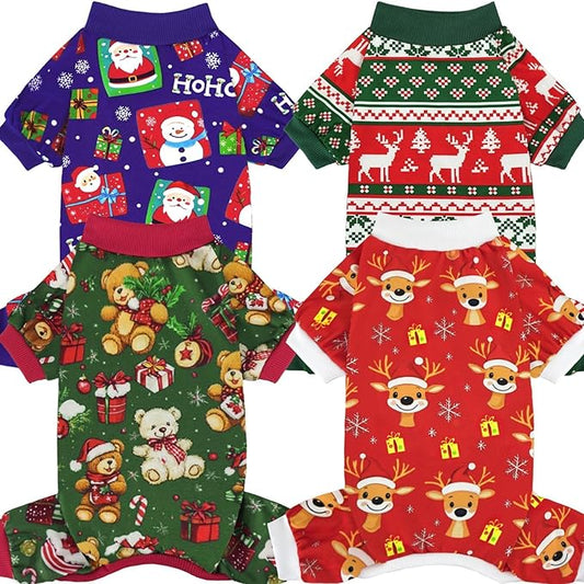 Xpudac 4 Pack Dog Christmas Pajamas Reindeer Puppy Clothes Cute Santa Claus Dog Pajamas Costumes Outfit Red Green XL