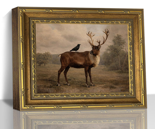 Vintage Stag Deer Wall Art, Gold Framed Wildlife Canvas Decor, 9x11in