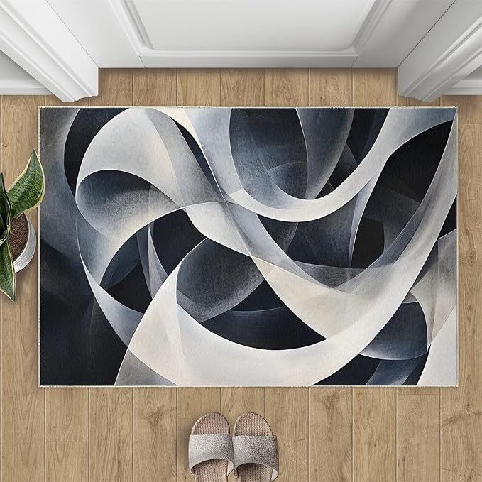 Abstract Lines Area Rug 4x6 Washable Rug Geometric Stripes Rugs for Living Room Minimalism Non Slip Carpet Floral Print Mat Bedroom Bathroom