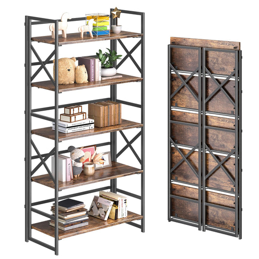4NM 5 Tiers No Assembly Book Shelves, 51.2" H Folding Bookshelf Bookcase Open Industrial Foldable Shelves for Bedroom, Living Room, Home Office - Rustic Brown Black