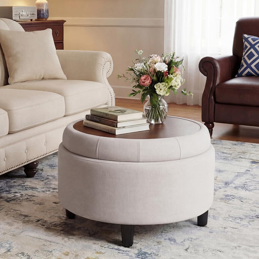 COLAMY Round Hidden Storage Ottoman with Reversible Tray Lid – Multi-Functional Footrest, Sturdy & Stylish Fabric Coffee Table for Living Room, Bedroom, or Entryway, Beige