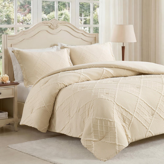 Amélie Home Queen Comforter Set, 3 Piece Beige Jacquard Bedding Set with 2 Pillow Cases, Soft Microfiber Diamond Design, Lightweight All-Season for Bedroom & Dorm