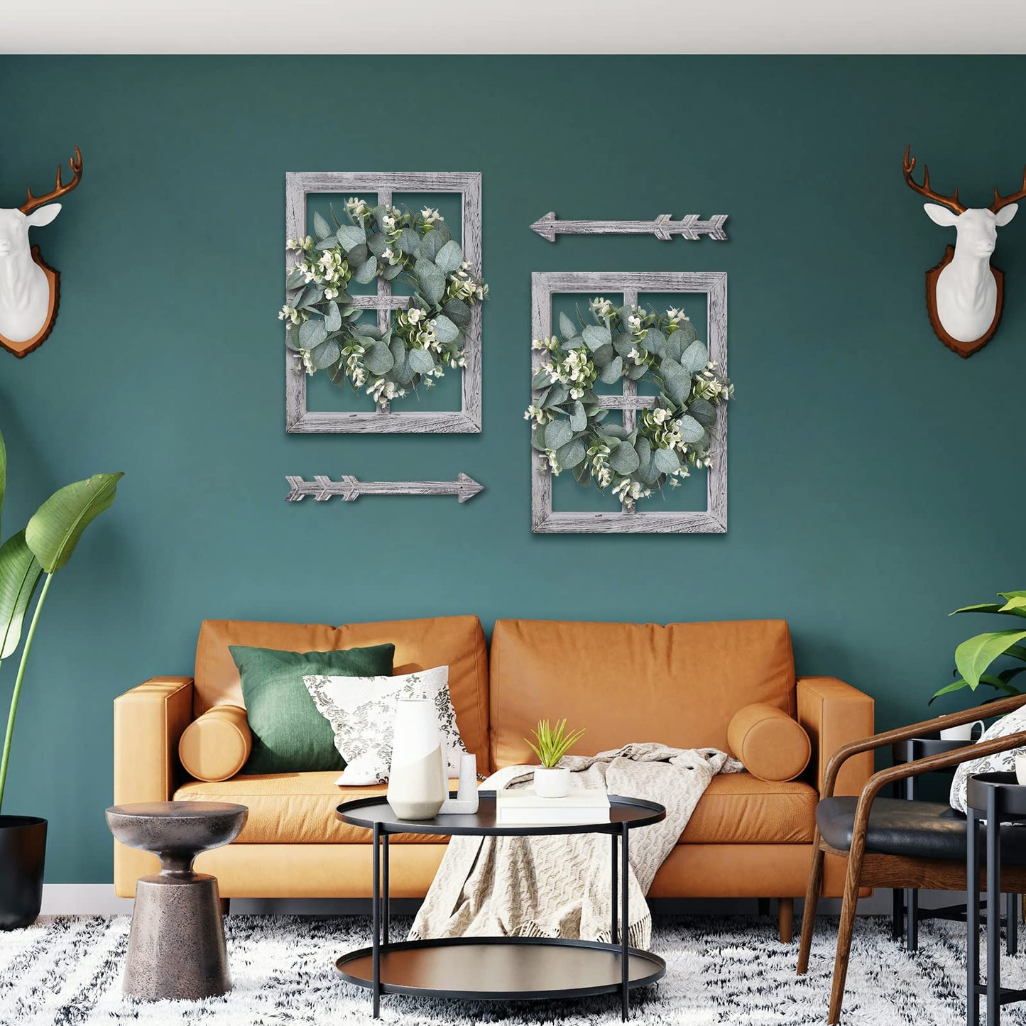 WAKOSAN Rustic Wood Window Frame Wall Decor with Wreath & Arrows, Set of 2
