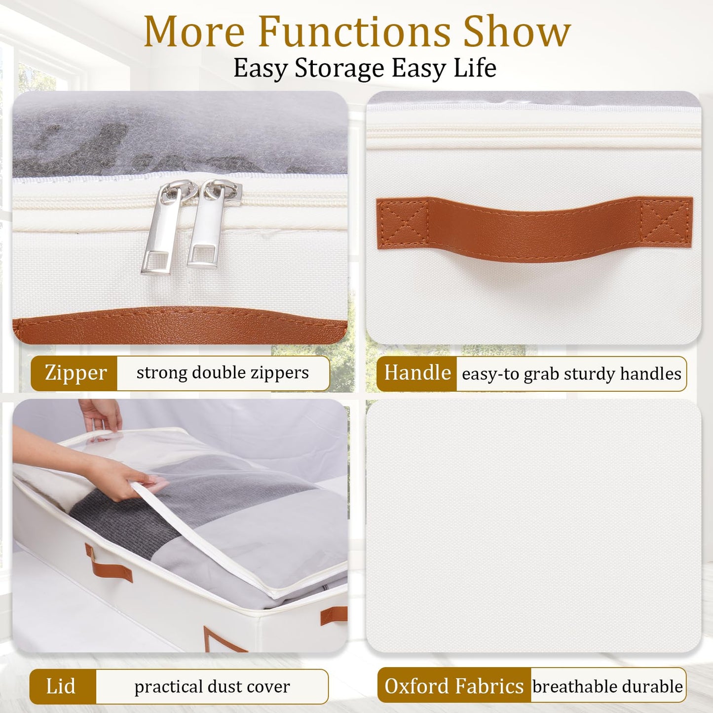 Yawinhe Under Bed Storage Containers, 4 Pack, Bin with Lids, Collapsible Closet Organizers, with Sorting Card Slot and 4 Leather Handles, for Blanket, Bedding, 31.5''Lx15.7''Wx6''H, Beige