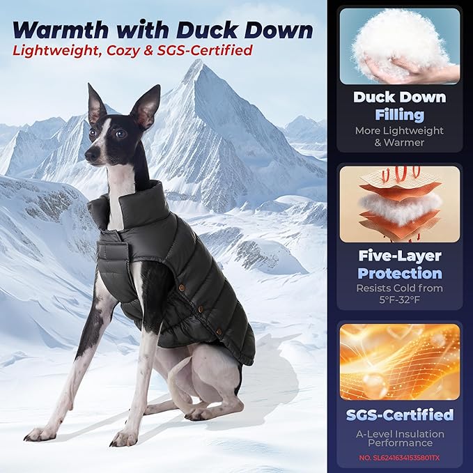 SPACE LION Dog Puffer Jacket, Down Winter Coat, Durable Outdoor Coat for Cold and Windy Conditions, Lightweight & Adjustable Fit Coats for Medium & Large Dogs,(Black, Size18/L+)