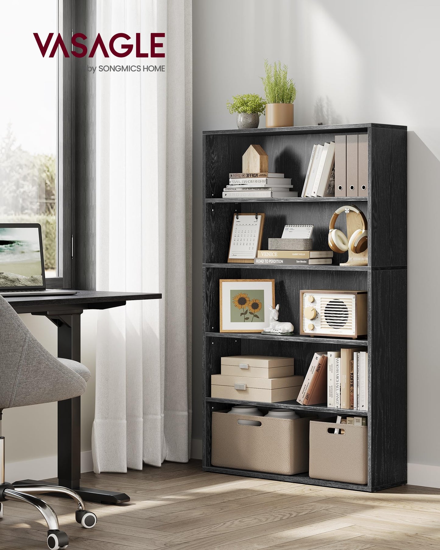 VASAGLE Custos Collection - Bookshelf, 5-Tier Bookcase, Book Shelf, Open Storage Shelf, 9.4 x 31.5 x 52.5 Inches, for Living Room, Home Office, Dinning Room, Ebony Black ULBC175T56