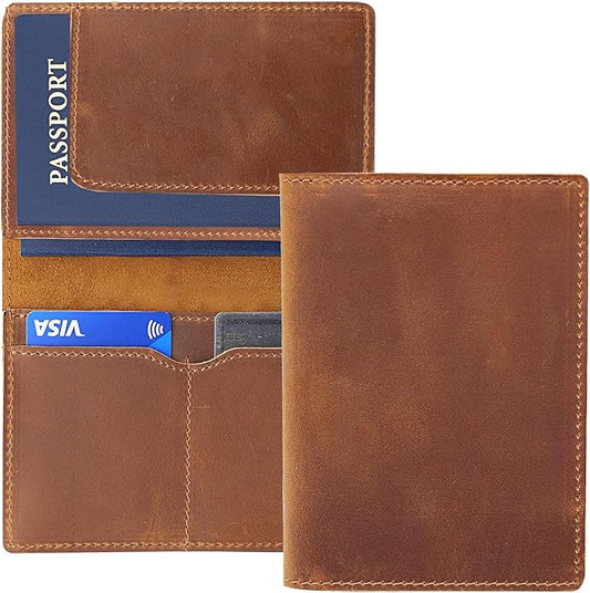 Retro Travel Genuine Leather Passport Holder with Folding Wallet Design