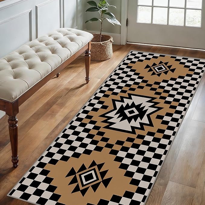 Western Aztec Long Hallway Rug Runners, 3.3x7ft, Modern Brown Diamond Check Area Carpet for Living Room, Easy Clean Fade Resistant Durable Foldable Pet Friendly Rugs for Front Door