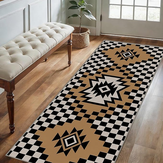 Western Aztec Long Hallway Rug Runners, 2.6x10ft, Modern Brown Diamond Check Area Carpet for Living Room, Easy Clean Fade Resistant Durable Foldable Pet Friendly Rugs for Front Door