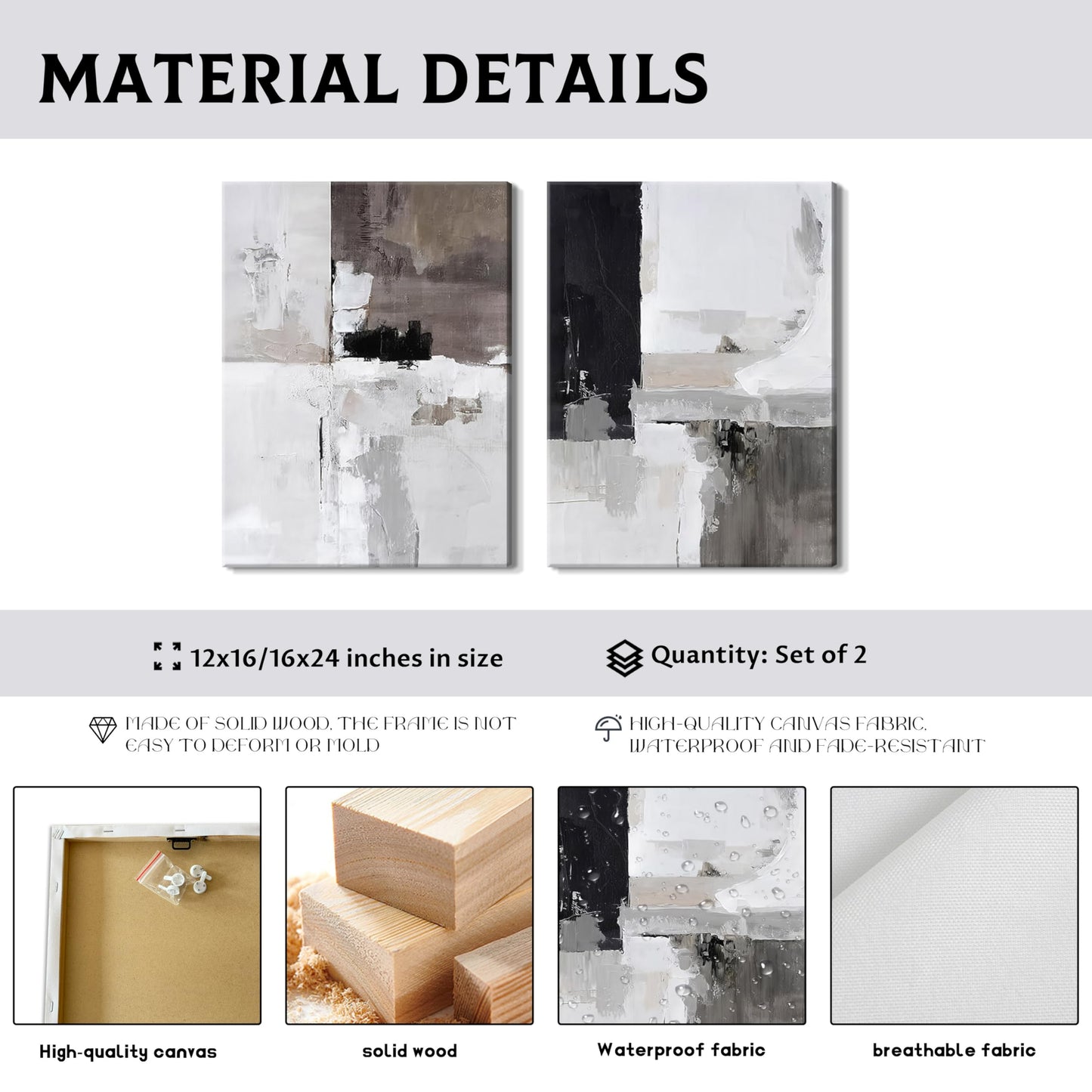 Framed Modern Abstract Wall Art Set of 2, Black White Neutral Minimalist Canvas Prints, Contemporary Industrial Artwork, Light Luxury Wall Decor for Living Room Bedroom Office, 12x16in