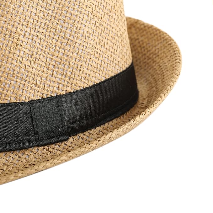 FALETO Unisex Summer Panama Straw Fedora Hat Short Brim Beach Sun Cap Classic