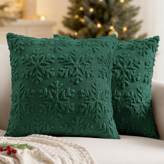 MIULEE Christmas Dark Green Throw Pillow Covers Snowflakes Decorative 20×20 Inch Faux Wool Winter Festival Couch Pillow Covers Set of 2 Farmhouse Holiday Home Decors for Sofa Livingroom Bed