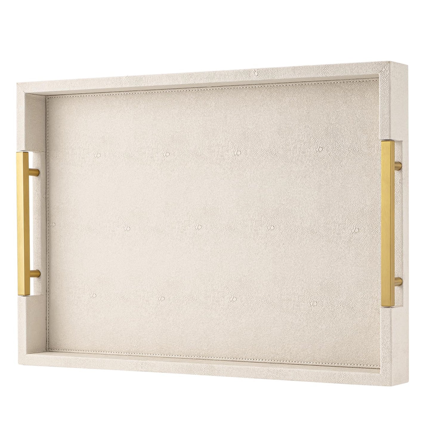 Beige Faux Leather Serving Tray with Handles – Large Decorative Tray for Coffee Table, Ottoman, Living Room, Bathroom – Home Decor