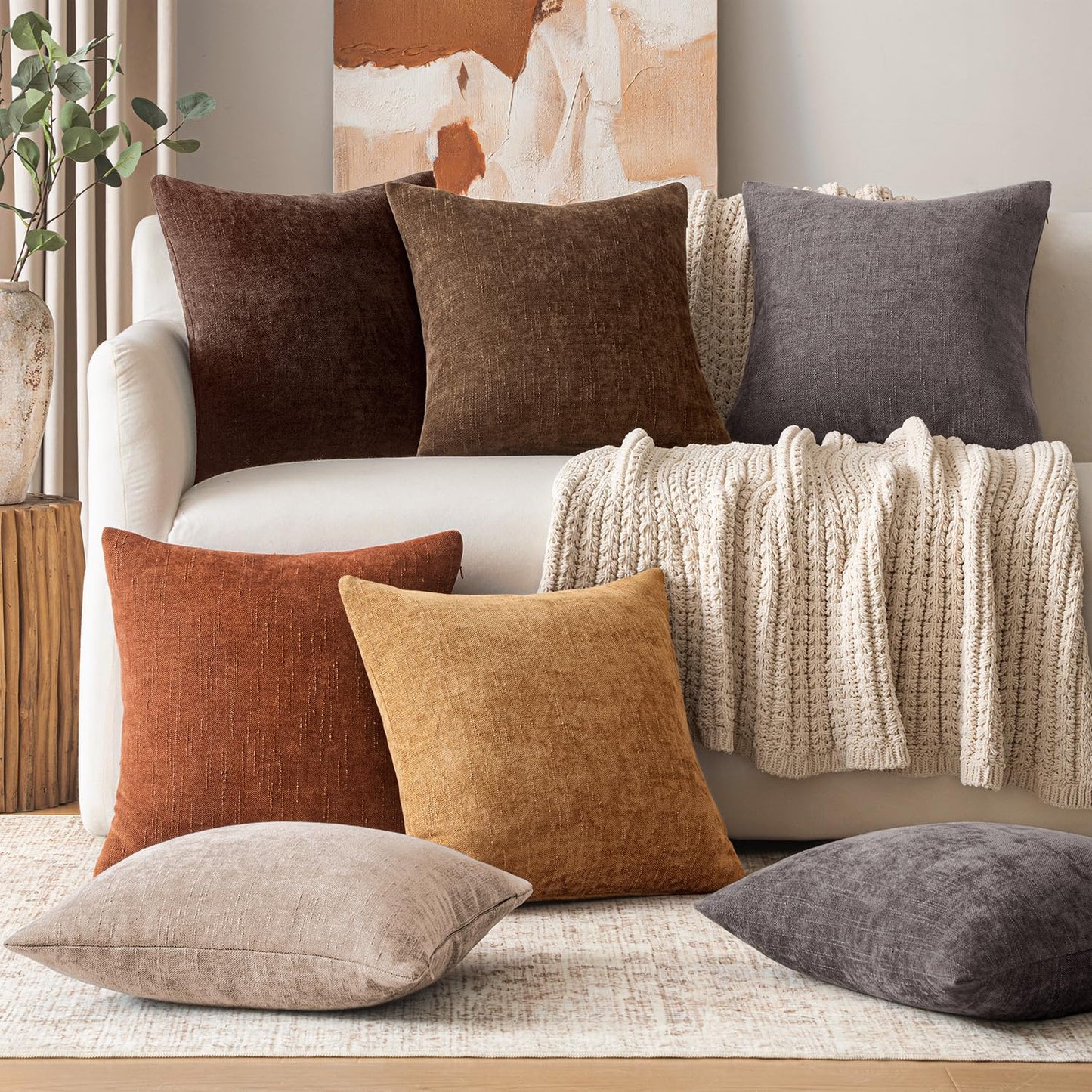 Woaboy 22x22 Inch Set of 2 Textured Throw Pillow Covers Decorative Soft Accent Square Chenille Pillowcases Neutral Farmhouse Cushions Modern Home Decor for Couch Sofa Bedroom Living Room,Beaver Fur