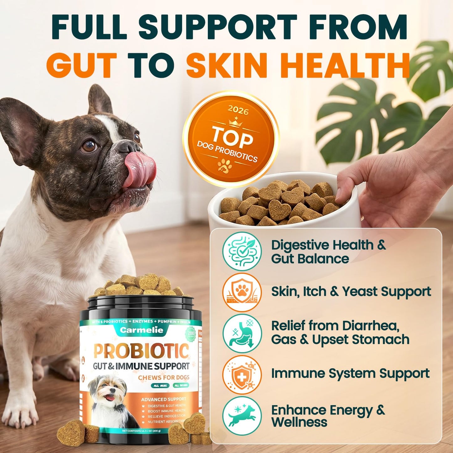 Probiotics for Dogs, Dog Probiotics for Yeast, Itchy Skin and Itchy Ears, Allergies, Immunity, Dog Gut Health Probiotic for Digestive Enzymes & Prebiotics for Diarrhea & Gas Relief (Chicken, 200 Chew)