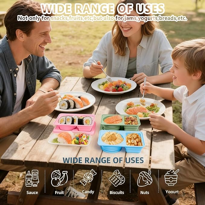 Dobyusf 4-Pack Collapsible Silicone Snack Containers - Round & Square Shape with Utensil Holder, BPA-Free Foldable Food/Sauce Storage for On-the-Go, Microwave & Dishwasher Safe