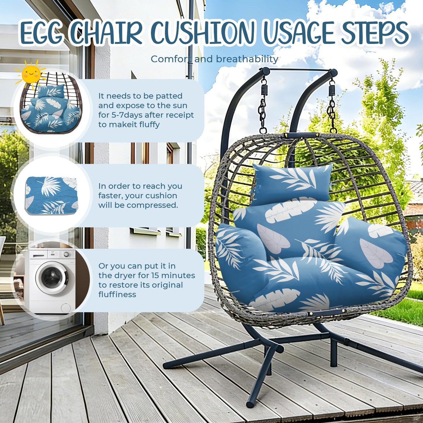 Uthem Waterproof Egg Chair Cushion Replacement 47x31.5x4.7 inch Thicken Hanging Egg Swing Chair Cushion Indoor Outdoor Wicker Rattan Hammock Basket Cushion with Headrest Pillow, Green Coconut Tree