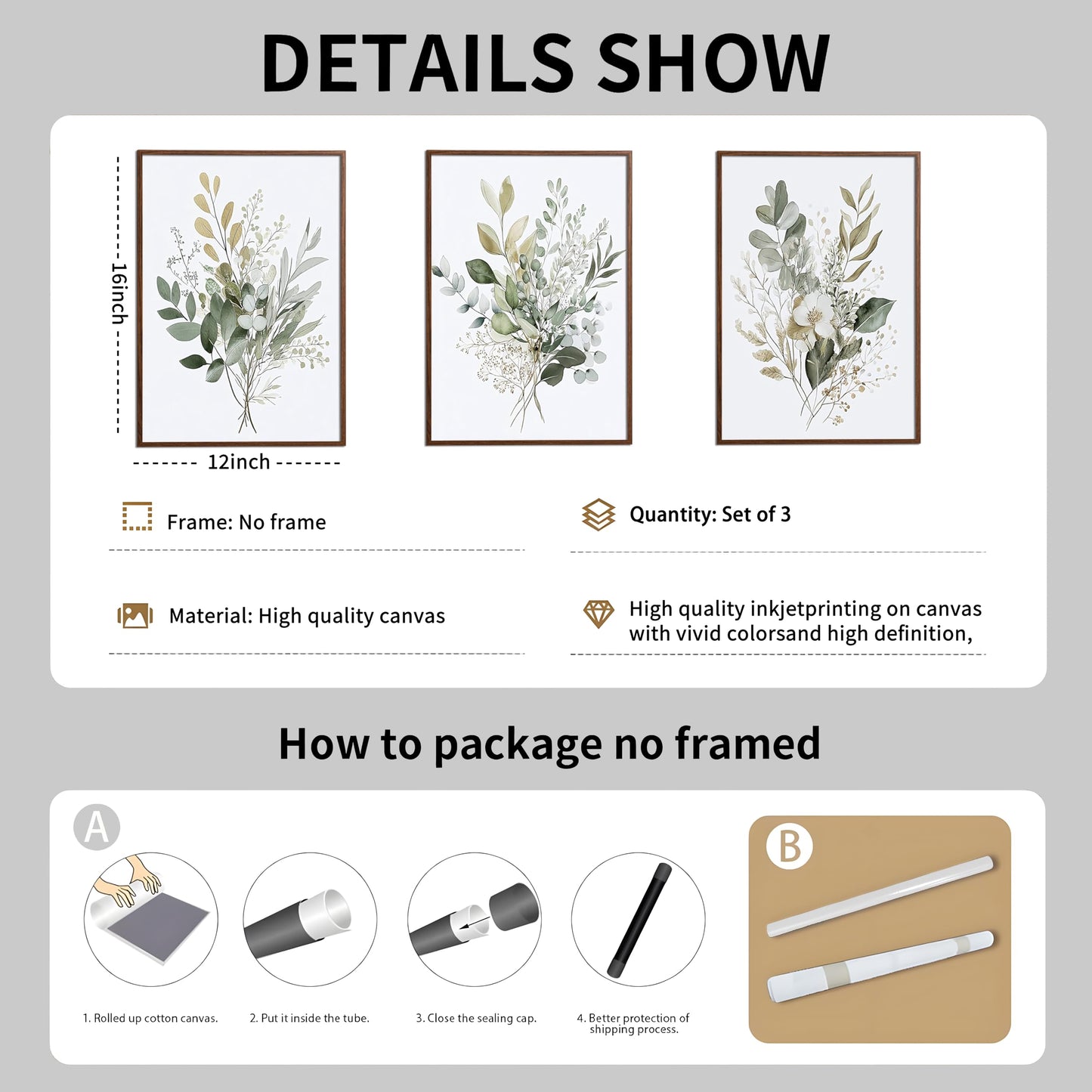 tgguytiy Sage Green Botanical Wall Art Set of 3, Eucalyptus Leaf Boho Plant Posters for Bedroom Living Room Bathroom Decor, 12x16 Inch Unframed Prints