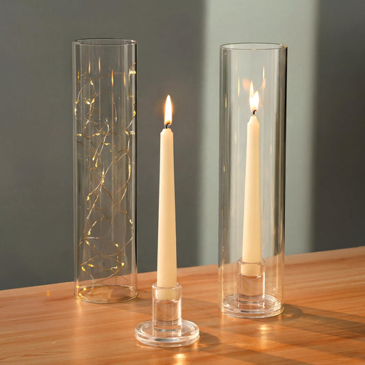 NUPTIO Hurricane Glass Candle Holders: Set of 2 Candlestick Holder with Cylinder Covers 11.8 inch Tall Windproof Clear Taper Candle Stand for Fall Thanksgiving Christmas Decor