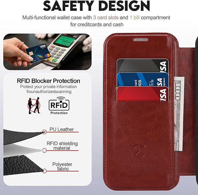 CIVICASE for iPhone 15 Pro Max Wallet Case with Stand,PU Leather Flip Credit Card Holder Slots (RFID Blocking),Compatible with Magsafe Magnetic Holder Phone Cover Women Men,Dark Brown