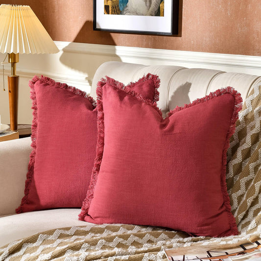 AmHoo Pack of 2 Linen Pillow Covers with Tassels Fringed Decorative Rustic Natural Throw Pillowcase Cushion for Couch Sofa Bedroom 18 x 18-Inch Jester Red