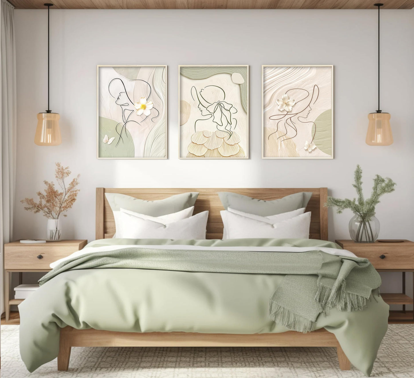 3Pcs Abstract Woman Canvas Wall Art Minimalist Line Beige and Green Girl Picture Wall Decor White Flower Texture Posters Boho Cream Neutral Painting Print Artwork for Living Room Bedroom, Unframed